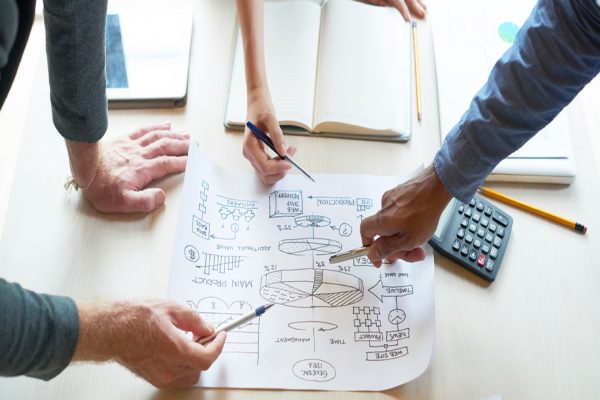 Business team pointing at business plan at the table during a meeting at office